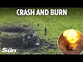 Bungling Russian soldiers flee tank they crashed into crater - before Ukrainian missile blows it up