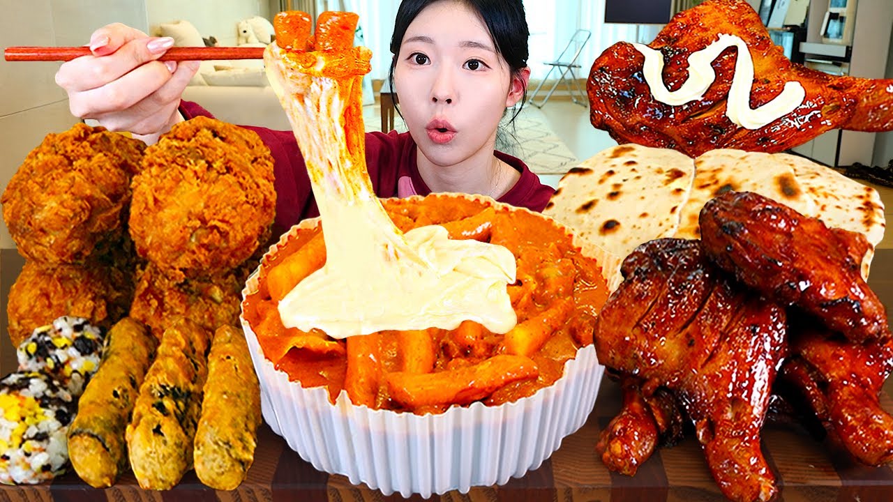ASMR MUKBANG| 카레 크림 떡볶이 자메이카 양념치킨 치즈 돈까스 김밥 먹방 & 레시피 FRIED CHICKEN AND CURRY TTEOKBOKK