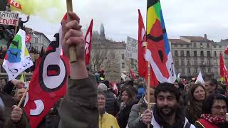 Retraite : prise de parole intersyndicale lors de la 6e manifestation, au Puy-en-Velay. Le 09/03/23