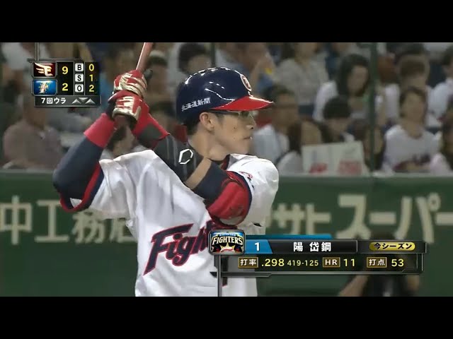 【7回裏】ファイターズ・陽 センターを越える2塁打で今季8度目の猛打賞!! 2016/8/30 F-E