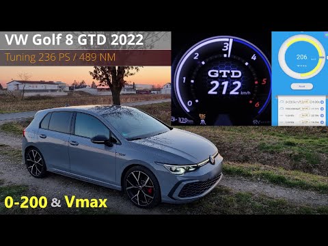 VW Golf 8 GTD Chiptuning (236 PS/489 NM) 0-200 Km/h Acceleration & Topspeed Dragy GPS
