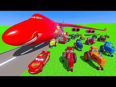 Disney Cars Lightning McQueen Truck Mack & Friends   Cargo Plane Transportation Color Tractors Race
