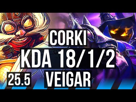 CORKI vs VEIGAR (MID) | 18/1/2, Legendary | KR Grandmaster | 25.5