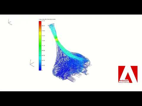 Velocity streamline of air in intake system of race car engine at 8000 rpm