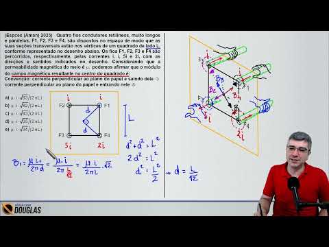 (Espcex (Aman) 2023) Quatro fios condutores retilíneos, muito longos e paralelos, F1, F2, F3 e F4,
