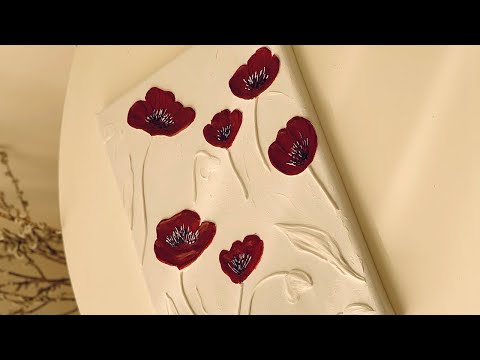How to paint Anemone poppy with texture paste | Red poppy flower texture painting