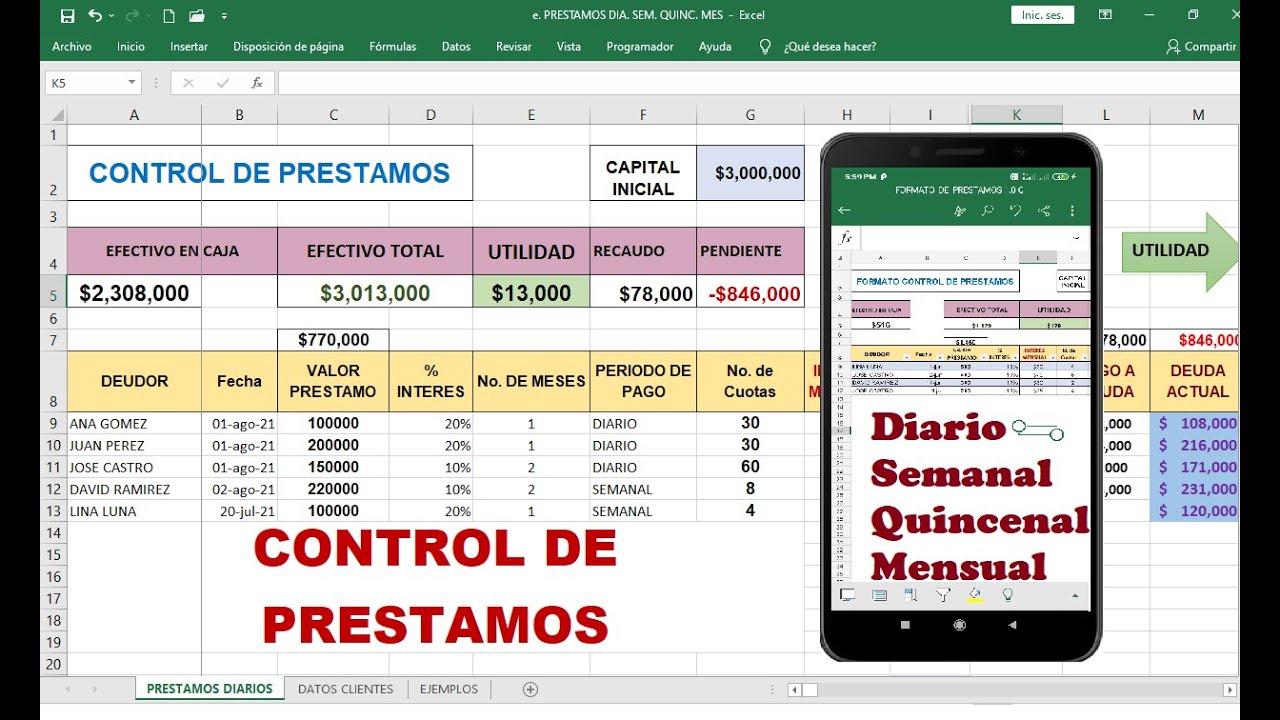 Control de Prestamos en Excel, pagos Diarios, Semanal, quincenal y Mensual, PRESTAMISTA INFORMAL