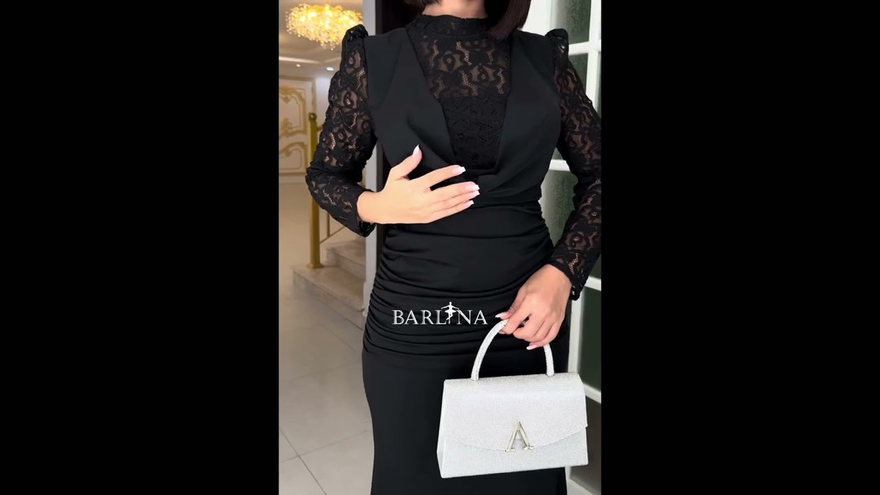 Long black dress with sheer lace sleeves - XXL