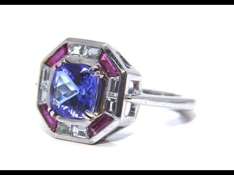18ct White Gold Deco Tanzanite, Ruby & Diamond Ring 2.50ct | Campbell Jewellers Dublin