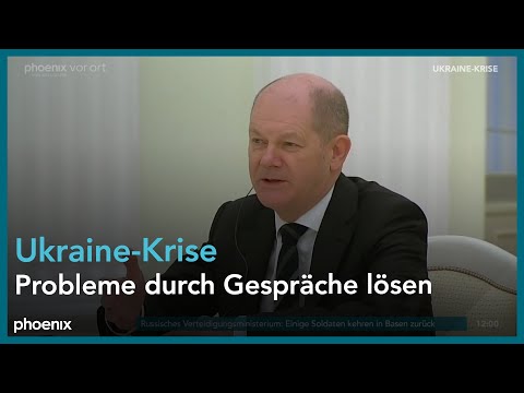 Olaf Scholz und Wladimir Putin vor ihrem Gespräch zur Ukraine-Krise am 15.02.22