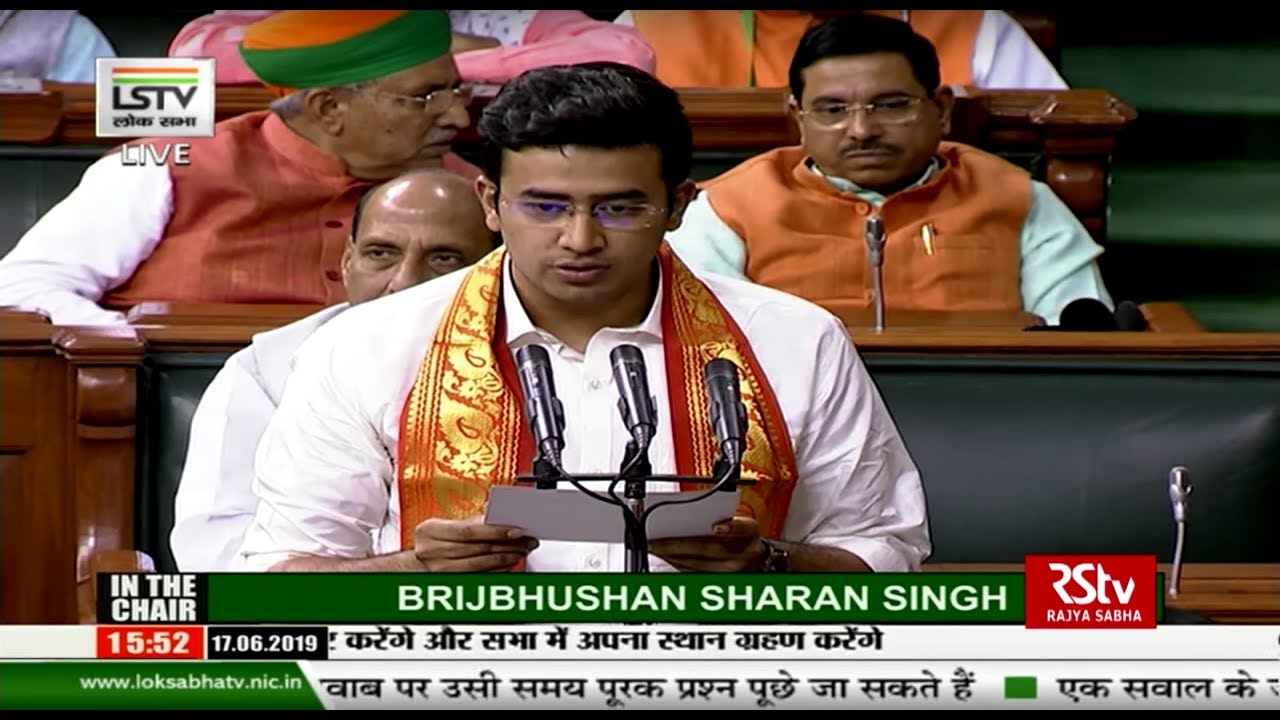 Tejasvi Surya takes oath as Lok Sabha MP