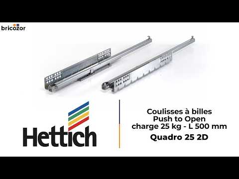 Coulisses à billes Quadro 25 2D Push to Open - charge 25 kg - sortie partielle HETTICH