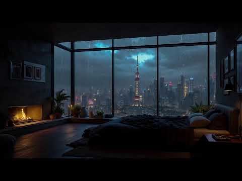 Rainy Midnight in NYC 💤 Warm Indoor Ambience & Soft Rain, Fireplace Crackling for Sleeping