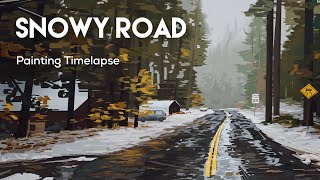 Snowy Road Digital Painting Process - Graphic Sketching Timelapse