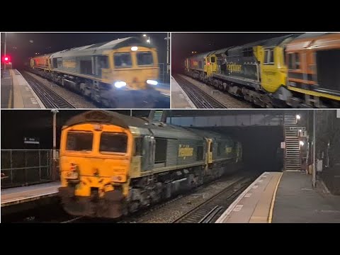 5 freight locomotives in convoy at night