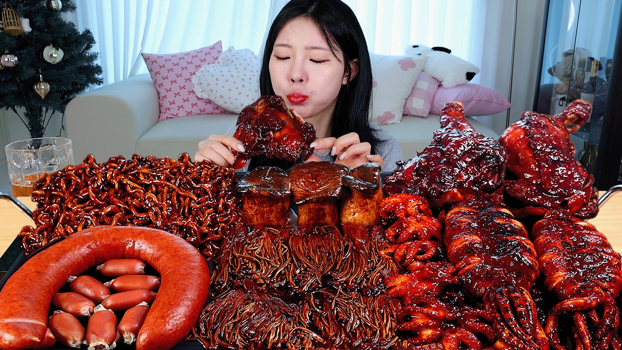 ASMR MUKBANG| 직접 만든 불닭 짜장 버섯 양념치킨 소세지 쭈꾸미 오징어 먹방 & 레시피 SPICY MUSHROOMS AND FIRE NOOD