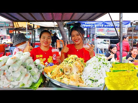 Most Popular! Beautiful Girls Selling Yellow Pancake, Spring Roll, Noodles - Cambodia Street Food