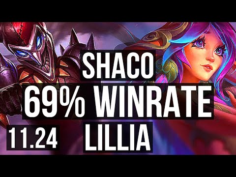 SHACO vs LILLIA (JNG) | 69% winrate, Rank 8 Shaco, 8/2/8, Godlike | NA Grandmaster | 11.24