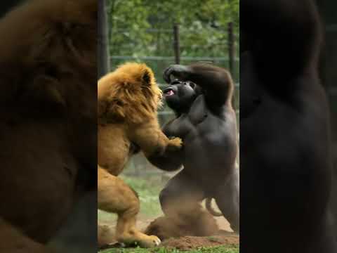 Lion vs Gorilla: Epic Showdown at the Zoo! 🦁🥊🦍 #wildbattle  #animalfight
