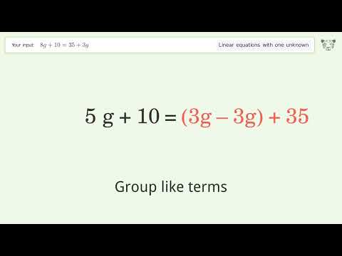 Linear equation with one unknown: Solve 8g+10=35+3g step-by-step solution