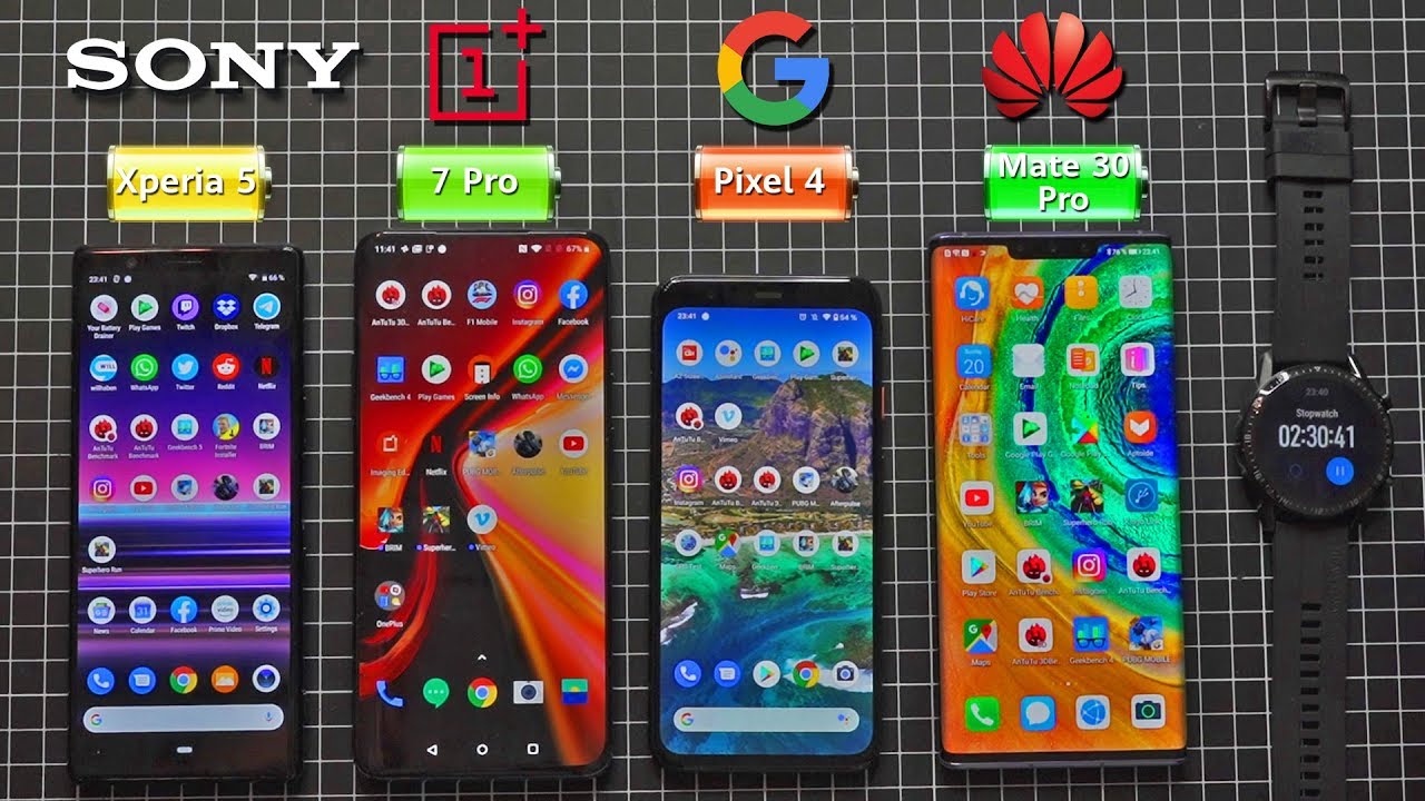 Huawei Mate 30 Pro vs Google Pixel 4 vs Sony Xperia 5 vs Oneplus 7 Pro - Battery DRAIN TEST !