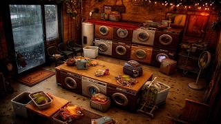 Vintage Laundromat at Night 🌧️ Relaxing Rain & Laundry Ambience
