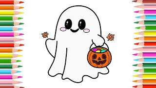 How To Draw a Cute Ghost | Ghost Drawing Step By Step For Kids & Beginners | Easy Coloring Painting
