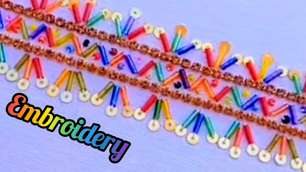 Teaching how to sew a sample of fancy embroidery border