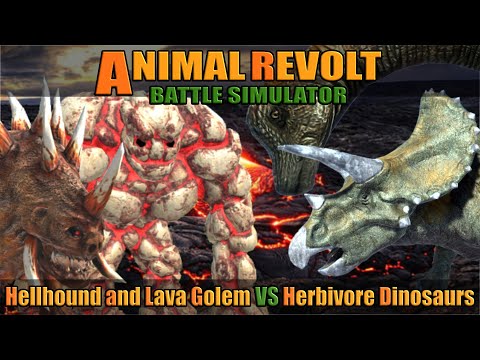 Lava Golem and Hellhound vs Herbivore Dinosaurs - Animal Revolt Battle Simulator