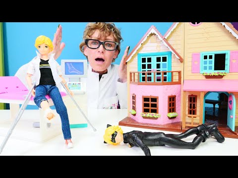 Puppen Video für Kinder. Doktor Nicole hilft Cat Noir. Spielspaß mit Nicole