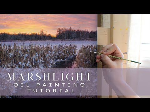 Sunset Marsh Oil Painting Tutorial + Timelapse || How to Paint a Snowy Realism Landscape with Water