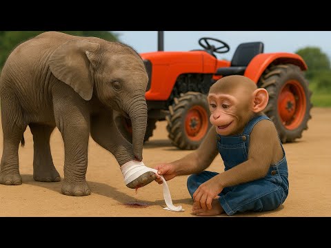 Injured Elephant, Kind Monkey Farmer Bandages Elephant's Wound - Monkey Farm Work | CoCo Farm