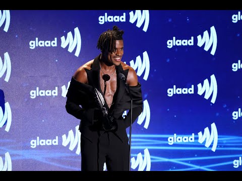 Jeremy Pope accepts the Stephen F. Kolzak Award at the GLAAD Media Awards