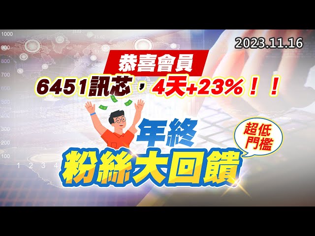 20231116《股市最錢線》#高閔漳 “恭喜會員6451訊芯，4天+23%！！””年終粉絲大回饋，超低門檻”