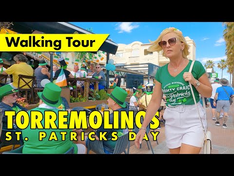 Torremolinos beachfront walk - St. Patricks Day 2023 - Costa del Sol, Spain 4K virtual tour