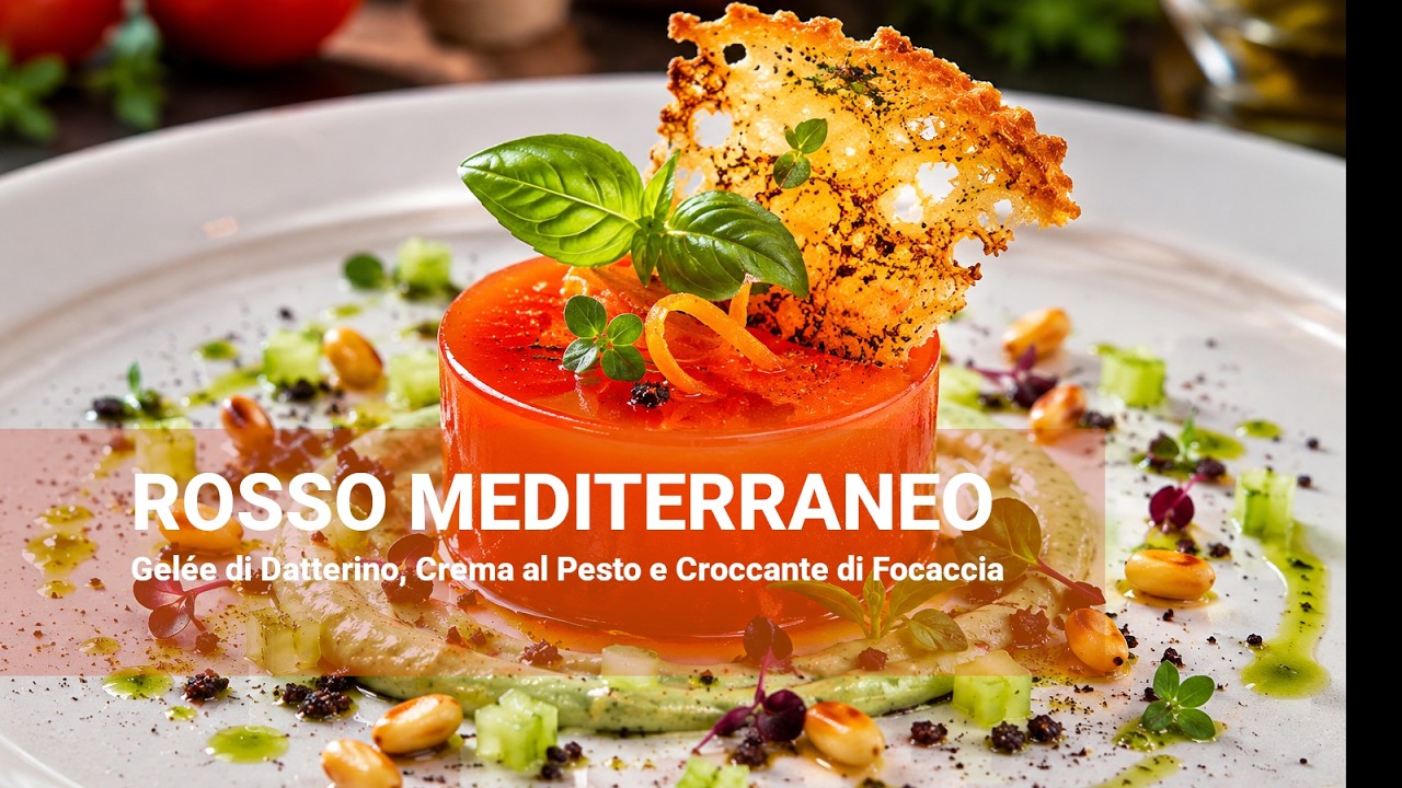 Anteprima video di Rosso Mediterraneo – Gelée di Datterino, Crema al Pesto e Chips di Focaccia