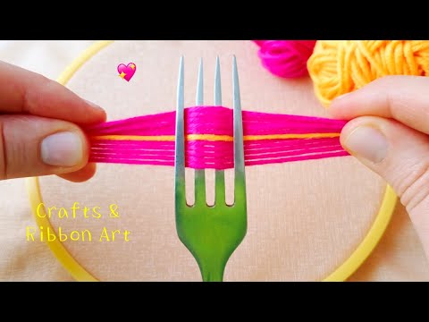 It's so Cute 💖🌟 Super Easy Woolen Flower Making Trick with Fork - Hand Embroidery Amazing Flowers
