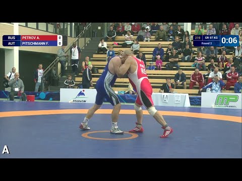Round 2 GR - 97 kg: F. PITSCHMANN (AUT) df. A. PETROV (RUS) by FALL, 4-0