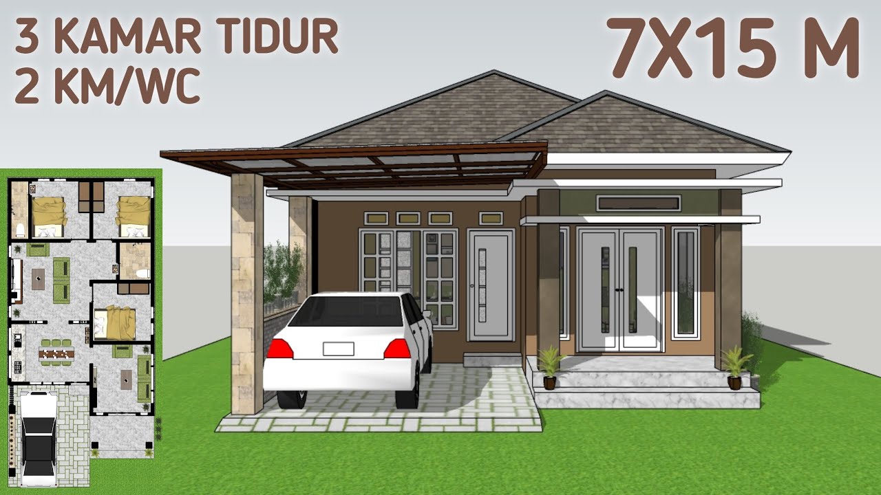 Desain Rumah 7x15 Meter 3 Kamar Tidur 2 Kamar Mandi