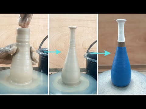 Throwing/Making a pottery vase with a thin long neck and a flared top