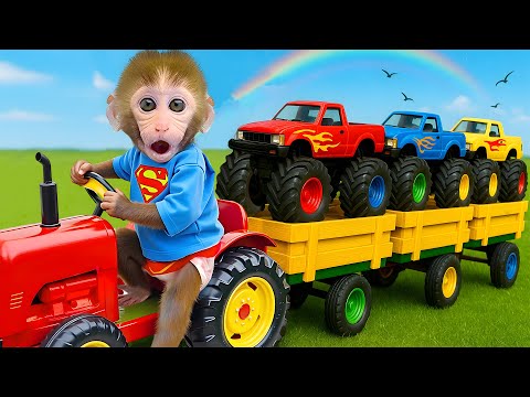 Singe Bon Bon est surpris par les Monster Cars multicolores dans la ferme du petit canard