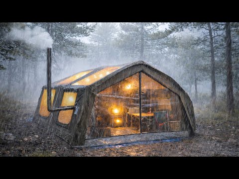CAMPING IN FOGGY FOREST IN HEAVY RAIN | INFLATABLE TENT GOT A HOLE