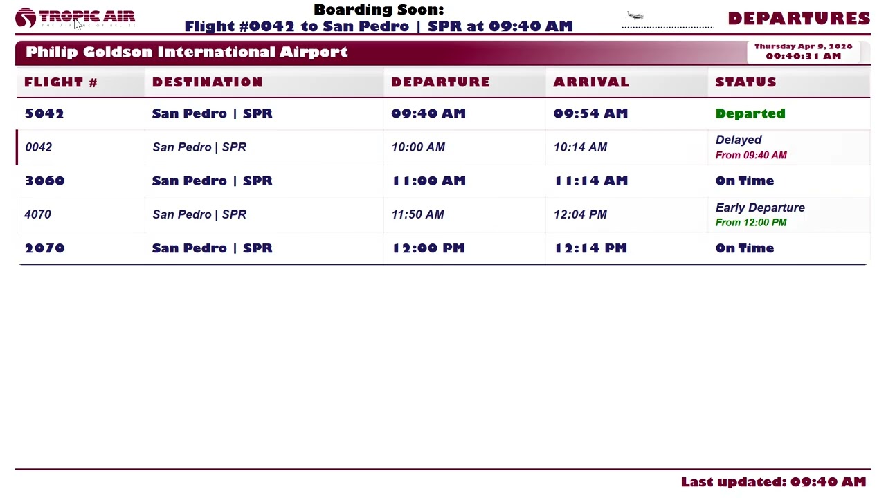 Tropic Air Departure Board (Philip Goldson International Airport)