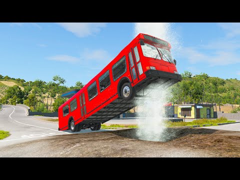Cars vs Erupting Geyser - Red Bus Drive Through a Huge Jet - BeamNG OMDs