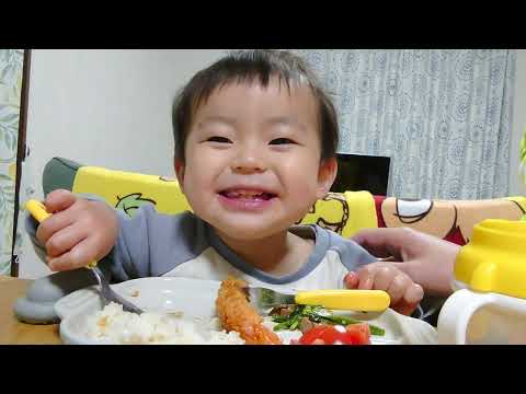 Eat tomatoes, levanilla, fried shrimp, dumplings, and rice👶♥【パパと2人でごはん！トマト、レバニラ、エビフライ、餃子、ご飯を食べます👶♥】
