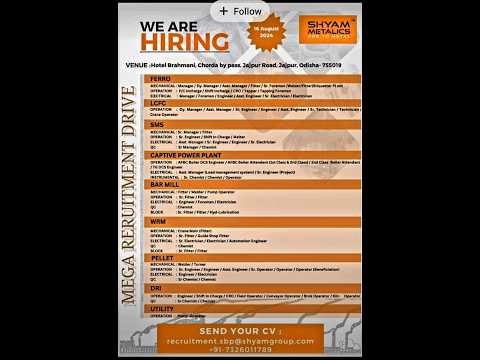 SHYAM METALLIC ENERGY LIMIT. Recruitment at sambalpur