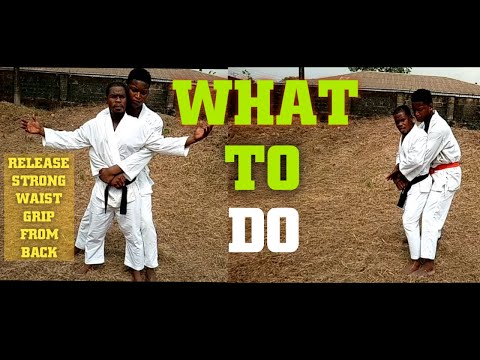 Self-defense moves for release of strong waist grip from the back