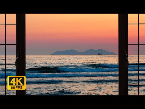 4K Greece beach during sunset window view - Relaxing, Calming, Ambience, white noise (ASMR)