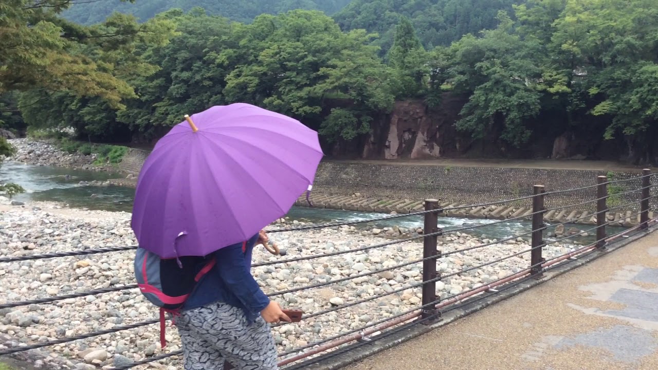 Tourists traverse the Deai Bridge, raindrops tracing their journey.