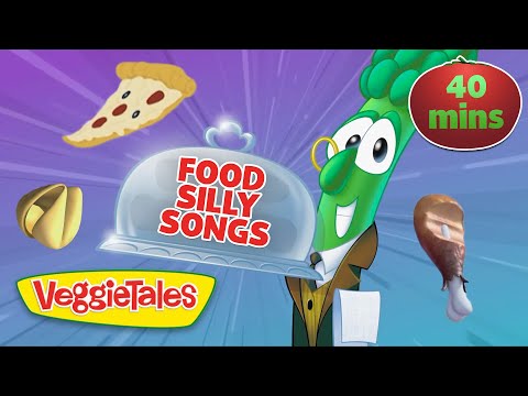 Animated VeggieTales thumbnail: a green vegetable waiter holds a cloche labeled 'Food Silly Songs' with pizza slice, taco/hat, and a drumstick around; '40 mins' badge in the corner.